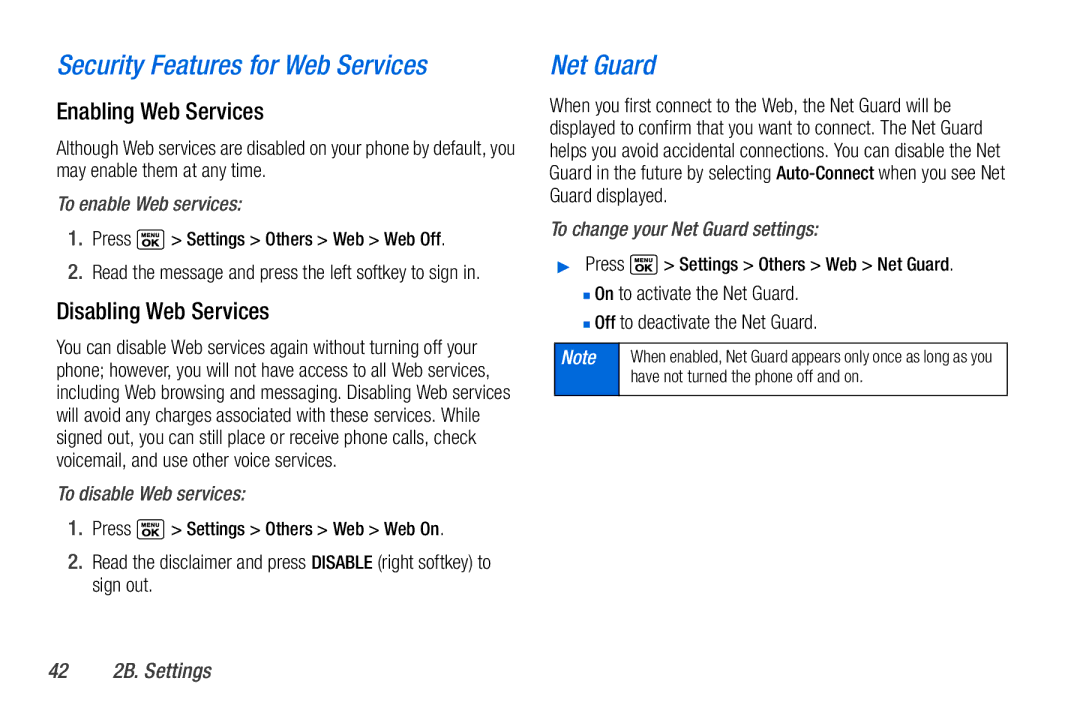 Sanyo PLS-3810 manual Security Features for Web Services, Net Guard, Enabling Web Services, Disabling Web Services 