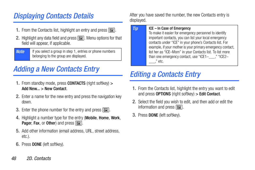 Sanyo PLS-3810 manual Displaying Contacts Details, Adding a New Contacts Entry, Editing a Contacts Entry, 48 2D. Contacts 