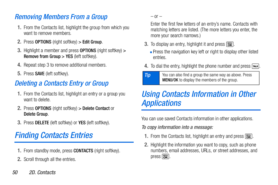 Sanyo PLS-3810 Finding Contacts Entries, Using Contacts Information in Other Applications, Removing Members From a Group 