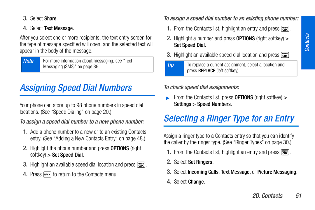 Sanyo PLS-3810 manual Assigning Speed Dial Numbers, Selecting a Ringer Type for an Entry, To check speed dial assignments 