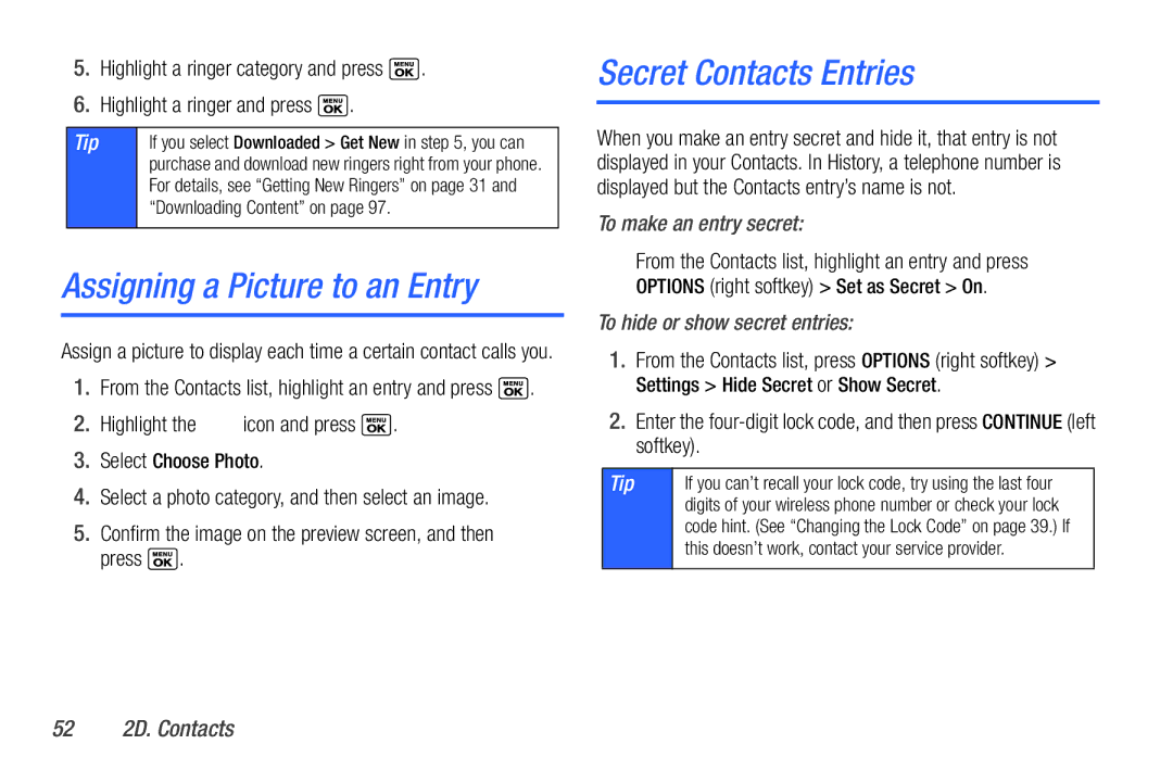 Sanyo PLS-3810 manual Assigning a Picture to an Entry, Secret Contacts Entries, To make an entry secret, 52 2D. Contacts 