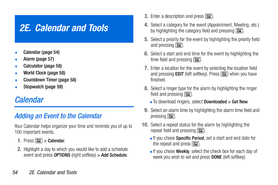 Sanyo PLS-3810 manual 2E. Calendar and Tools, Adding an Event to the Calendar, Enter a description and press 