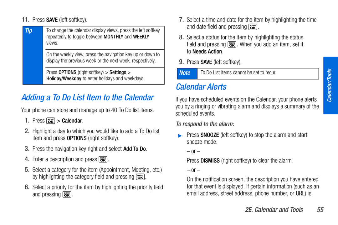 Sanyo PLS-3810 manual Calendar Alerts, To respond to the alarm, Press the navigation key right and select Add To Do 