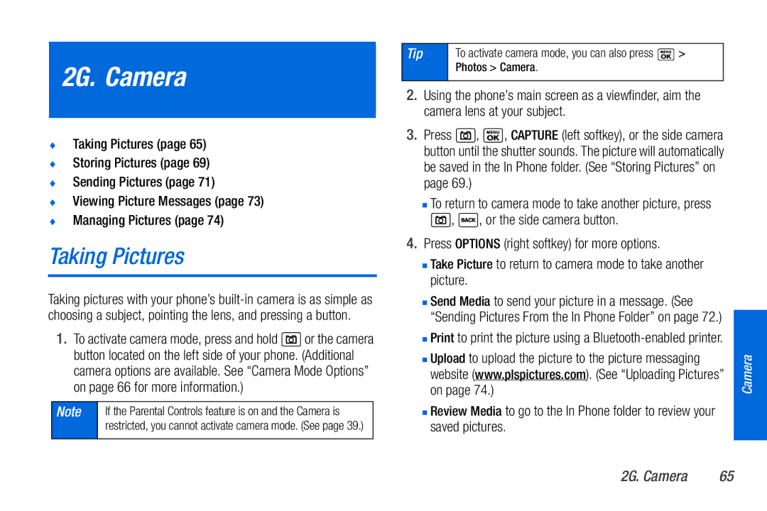 Sanyo PLS-3810 manual 2G. Camera, Taking Pictures, Or the side camera button, Press Options right softkey for more options 