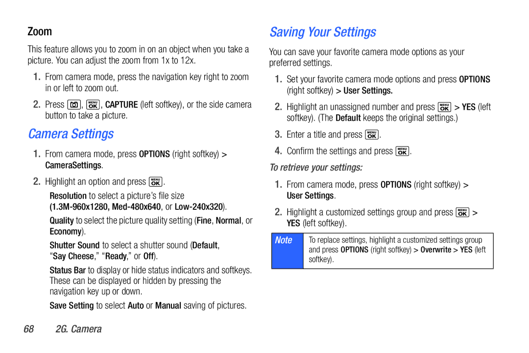 Sanyo PLS-3810 manual Camera Settings, Saving Your Settings, Zoom, To retrieve your settings, 68 2G. Camera 