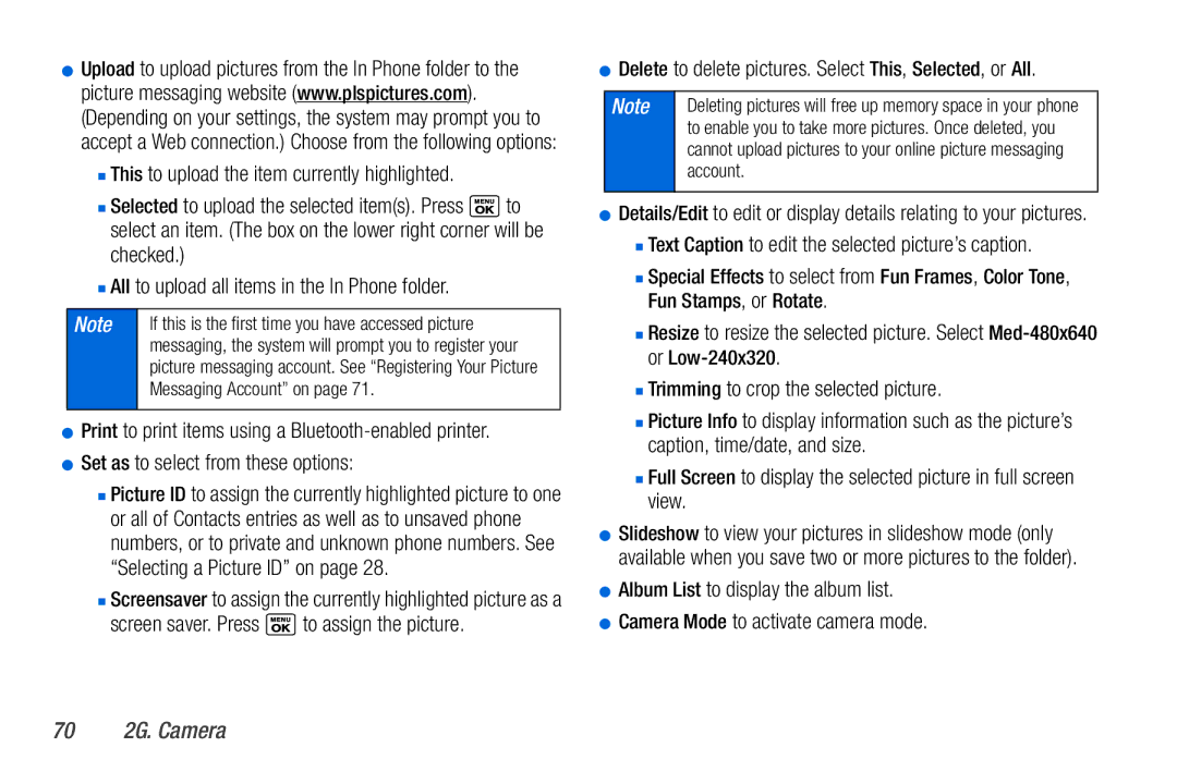 Sanyo PLS-3810 manual  Text Caption to edit the selected picture’s caption, 70 2G. Camera, Messaging Account on 
