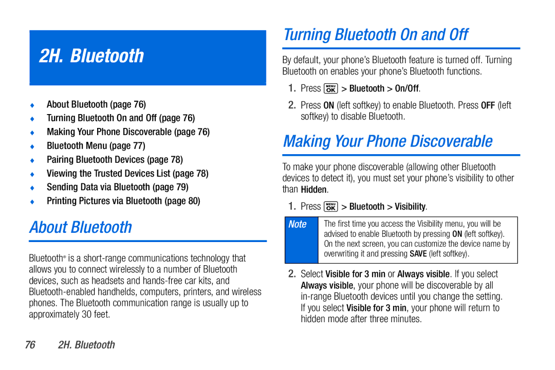 Sanyo PLS-3810 manual 2H. Bluetooth, About Bluetooth, Turning Bluetooth On and Off, Making Your Phone Discoverable 