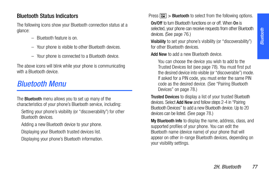 Sanyo PLS-3810 manual Bluetooth Menu, Bluetooth Status Indicators,  Add New to add a new Bluetooth device, 2H. Bluetooth 