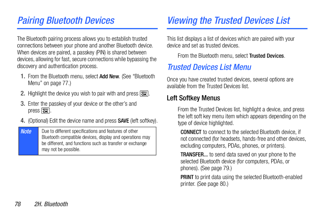 Sanyo PLS-3810 Pairing Bluetooth Devices Viewing the Trusted Devices List, Trusted Devices List Menu, Left Softkey Menus 