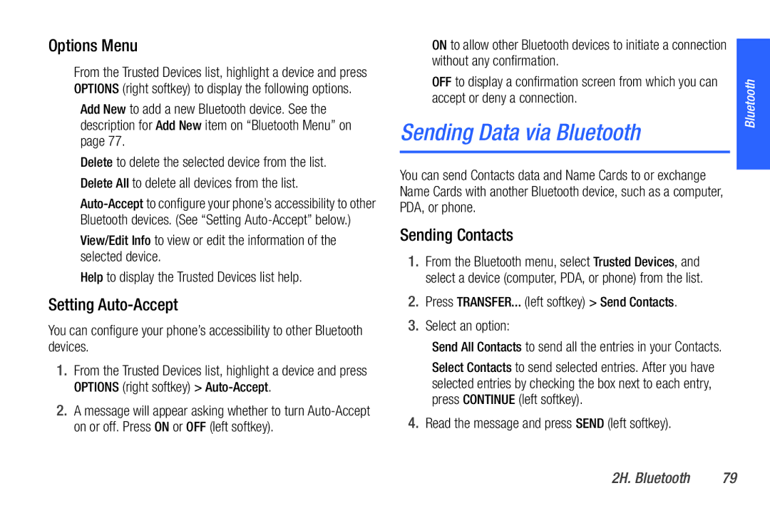 Sanyo PLS-3810 manual Sending Data via Bluetooth, Options Menu, Setting Auto-Accept, Sending Contacts 