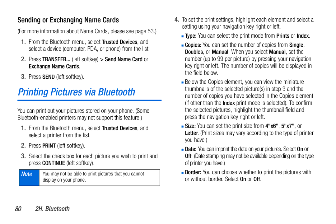 Sanyo PLS-3810 manual Printing Pictures via Bluetooth, Sending or Exchanging Name Cards, Press Send left softkey 