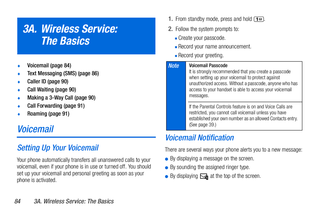 Sanyo PLS-3810 manual 3A. Wireless Service Basics, Setting Up Your Voicemail, Voicemail Notification 