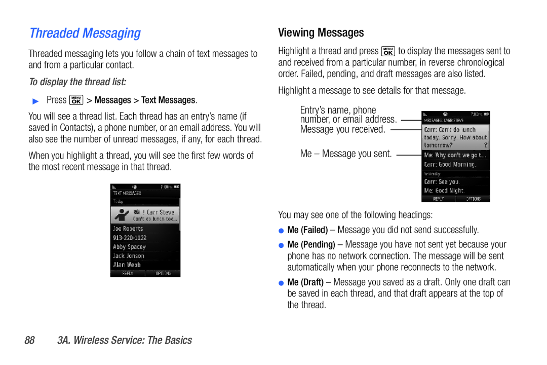 Sanyo PLS-3810 manual Threaded Messaging, Viewing Messages, To display the thread list, 88 3A. Wireless Service The Basics 