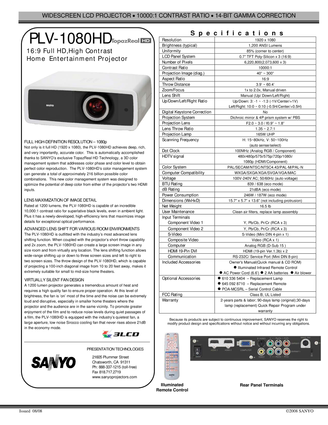 Sanyo PLV-1080HD specifications Full HD,High Contrast Home Entertainment Projector, Lens Maximization of Image Detail 