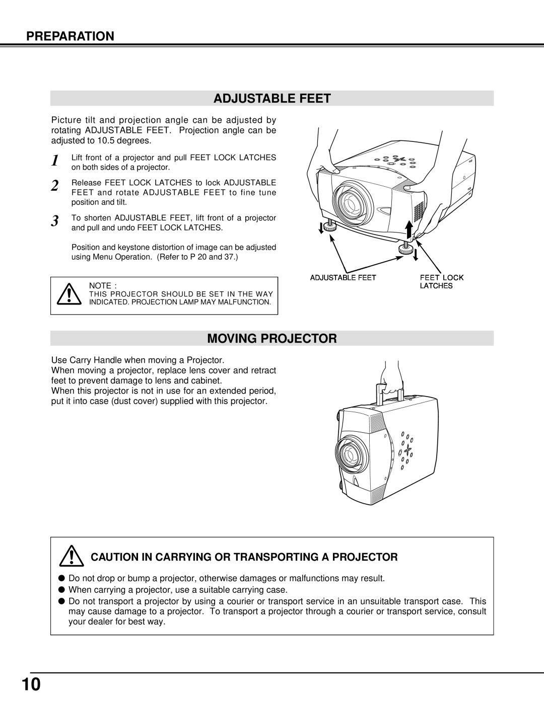 Sanyo PLV-70 owner manual Preparation Adjustable Feet, Moving Projector, Caution In Carrying Or Transporting A Projector 