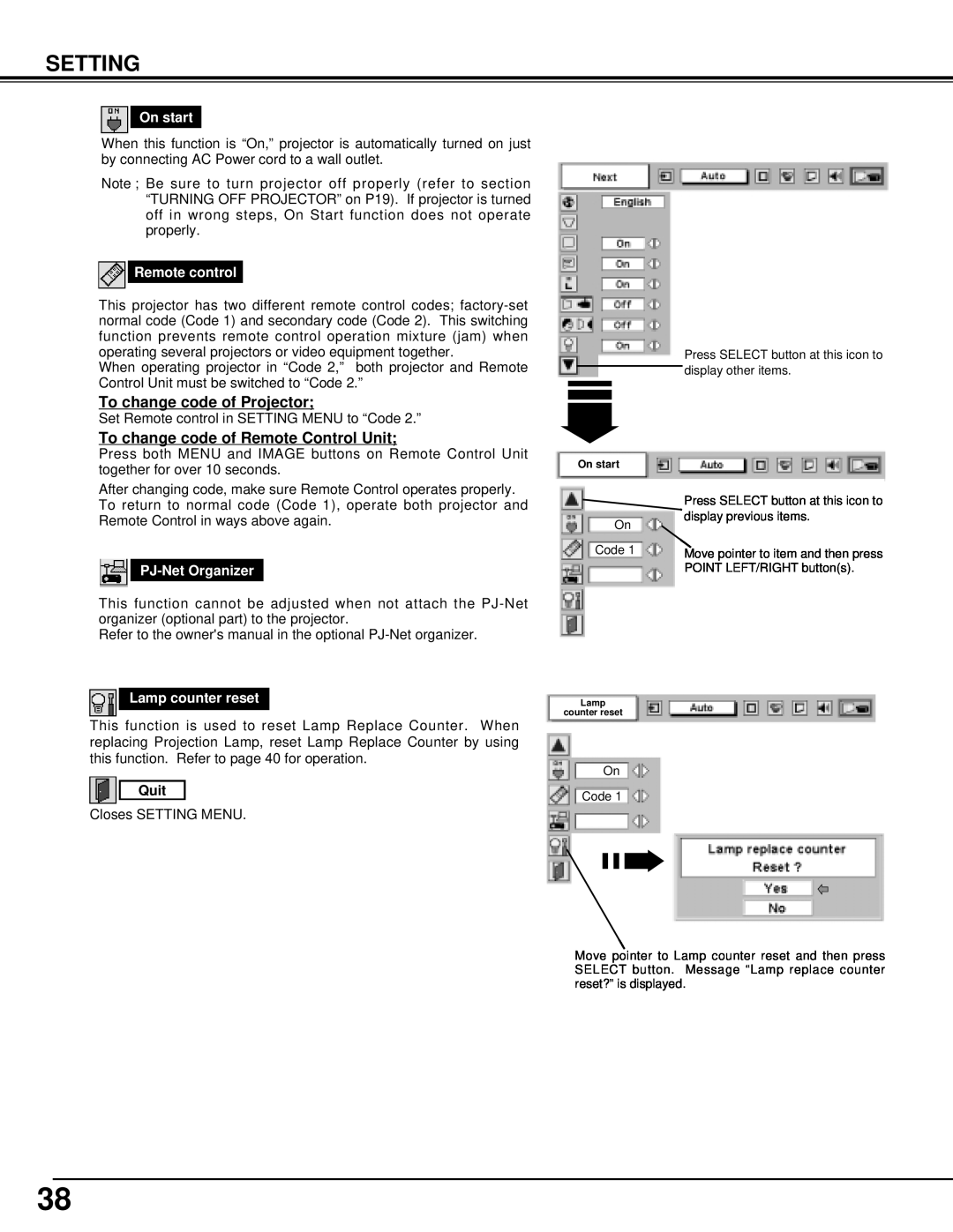 Sanyo PLV-70 owner manual Setting, On start, Remote control, PJ-Net Organizer, Lamp counter reset, Quit 