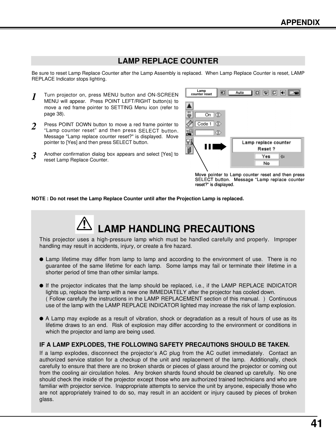 Sanyo PLV-70 owner manual Appendix Lamp Replace Counter, Lamp Handling Precautions 