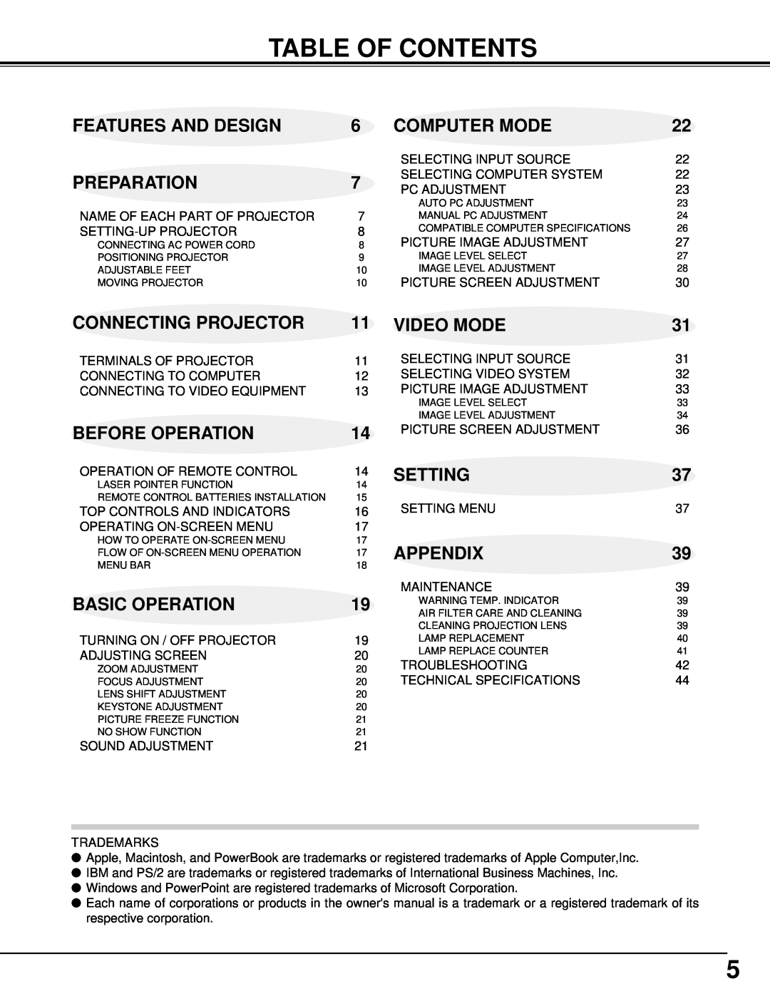 Sanyo PLV-70 Table Of Contents, Features And Design, Computer Mode, Preparation, Connecting Projector, Video Mode, Setting 