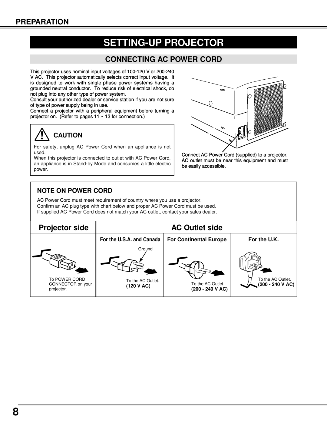 Sanyo PLV-70 owner manual Setting-Up Projector, Connecting Ac Power Cord, Projector side, AC Outlet side, Preparation, V Ac 