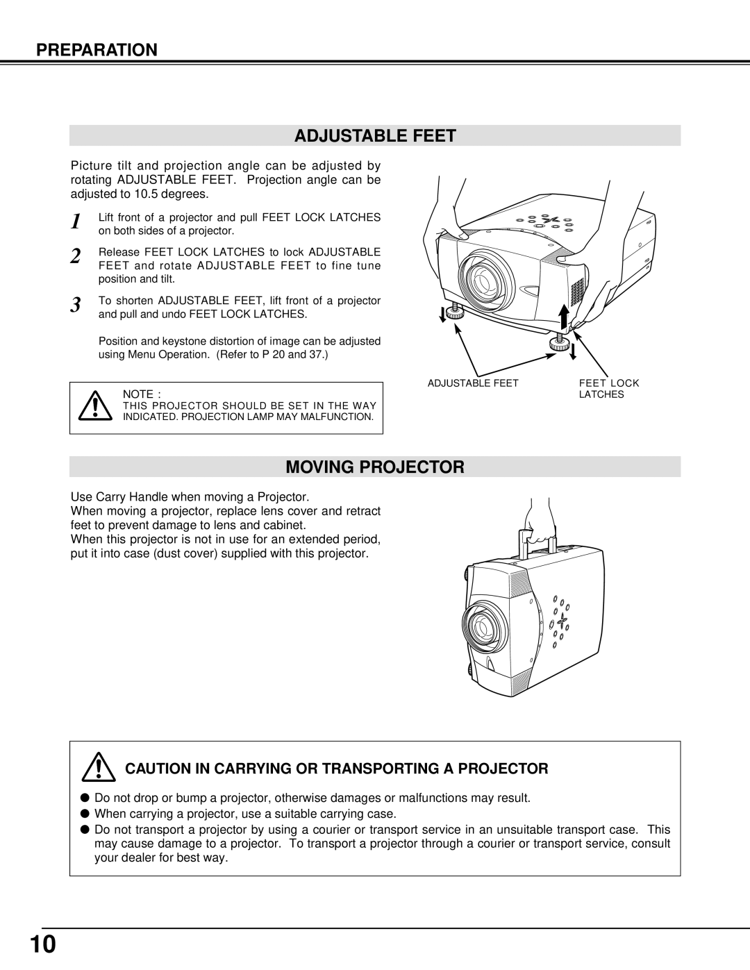 Sanyo PLV-70 owner manual Preparation Adjustable Feet, Moving Projector 