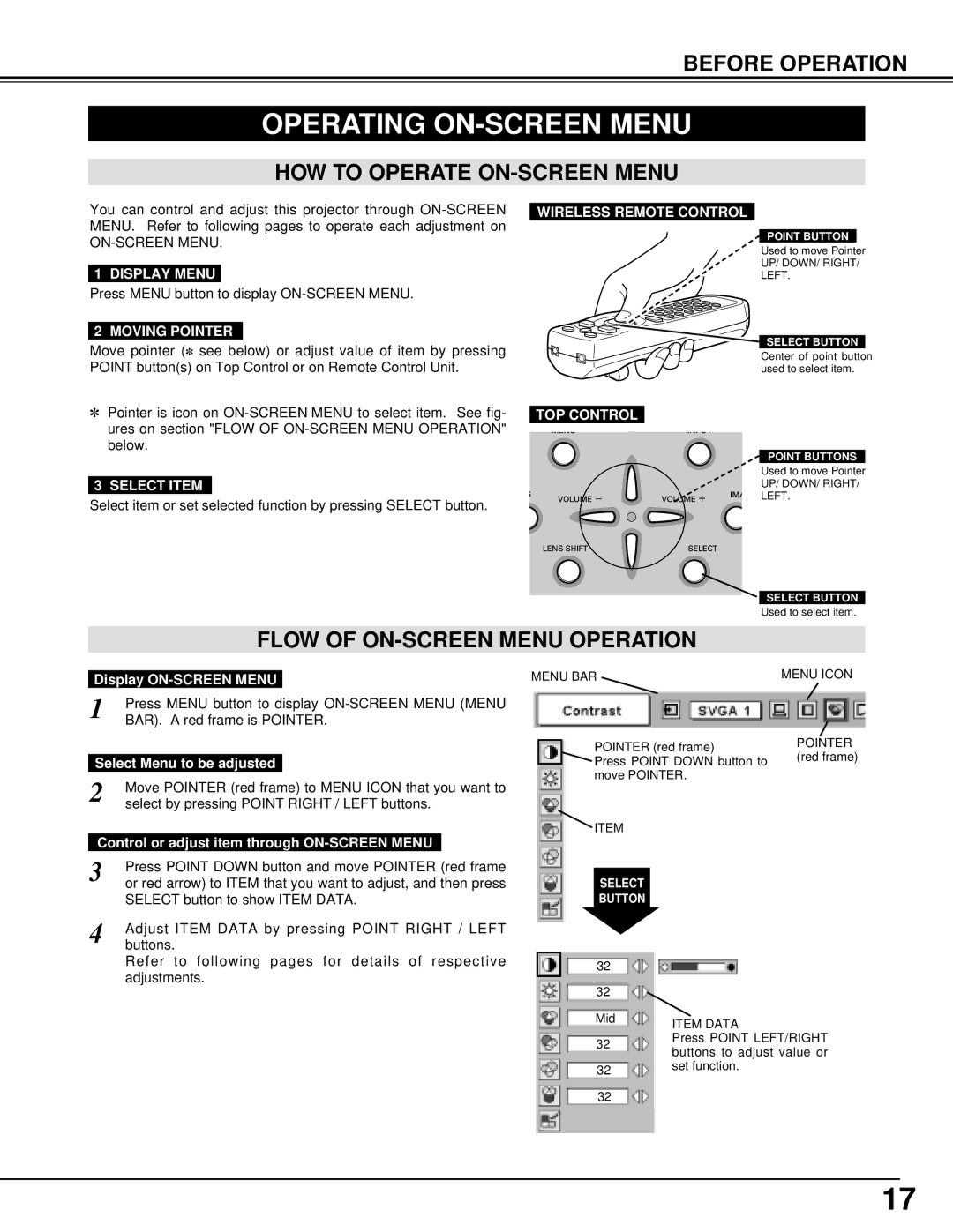 Sanyo PLV-70 owner manual Operating ON-SCREEN Menu, HOW to Operate ON-SCREEN Menu, Flow of ON-SCREEN Menu Operation 