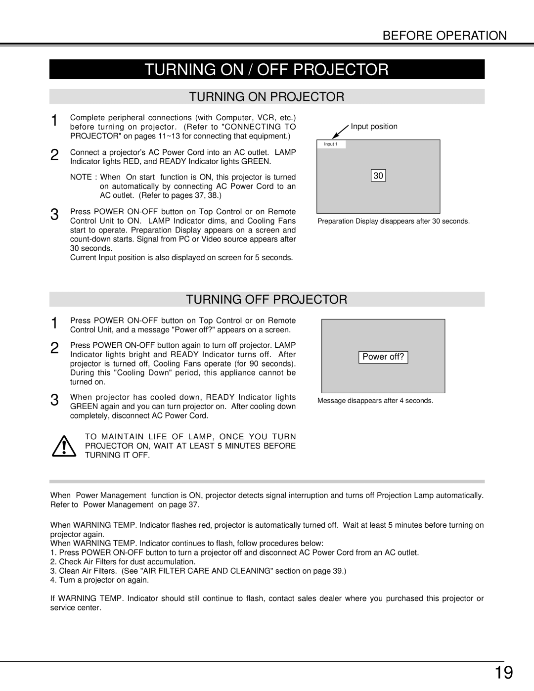 Sanyo PLV-70 owner manual Turning on / OFF Projector, Turning on Projector, Turning OFF Projector 