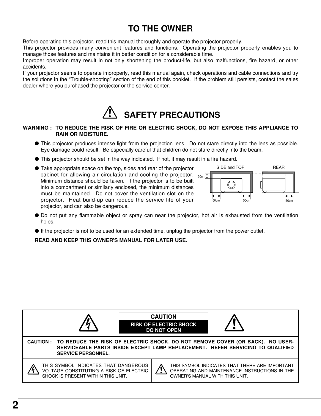 Sanyo PLV-70 owner manual To the Owner, Risk of Electric Shock Do not Open 