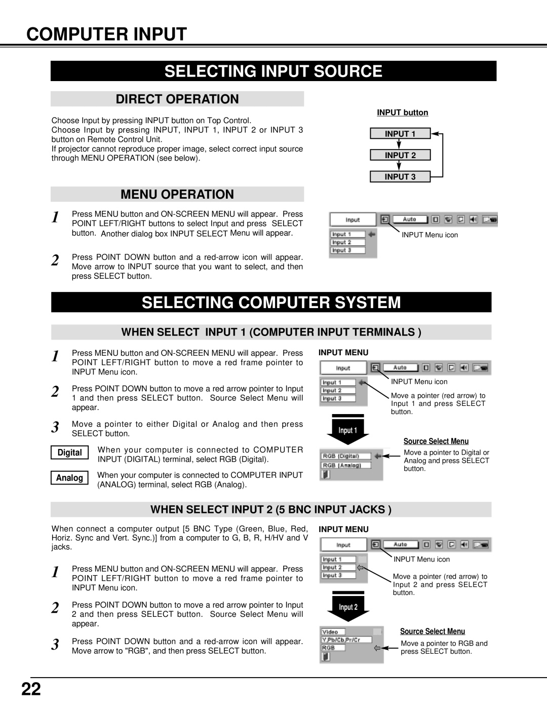 Sanyo PLV-70 owner manual Computer Input, Selecting Input Source, Selecting Computer System, Input Menu 