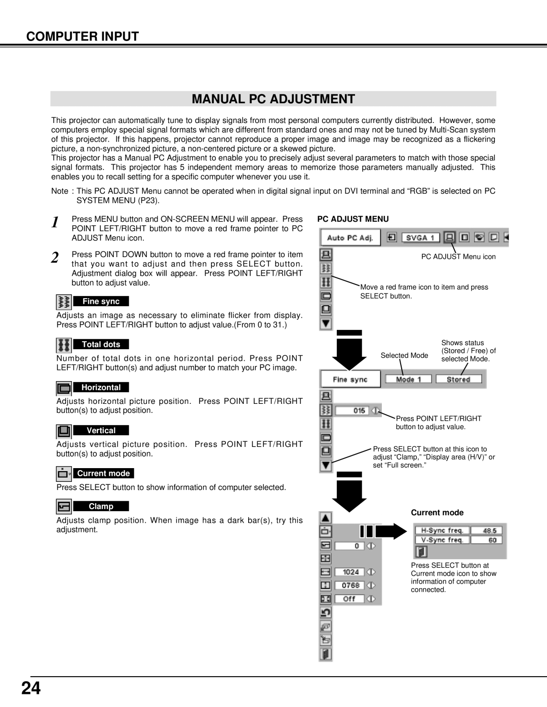 Sanyo PLV-70 owner manual Computer Input Manual PC Adjustment 