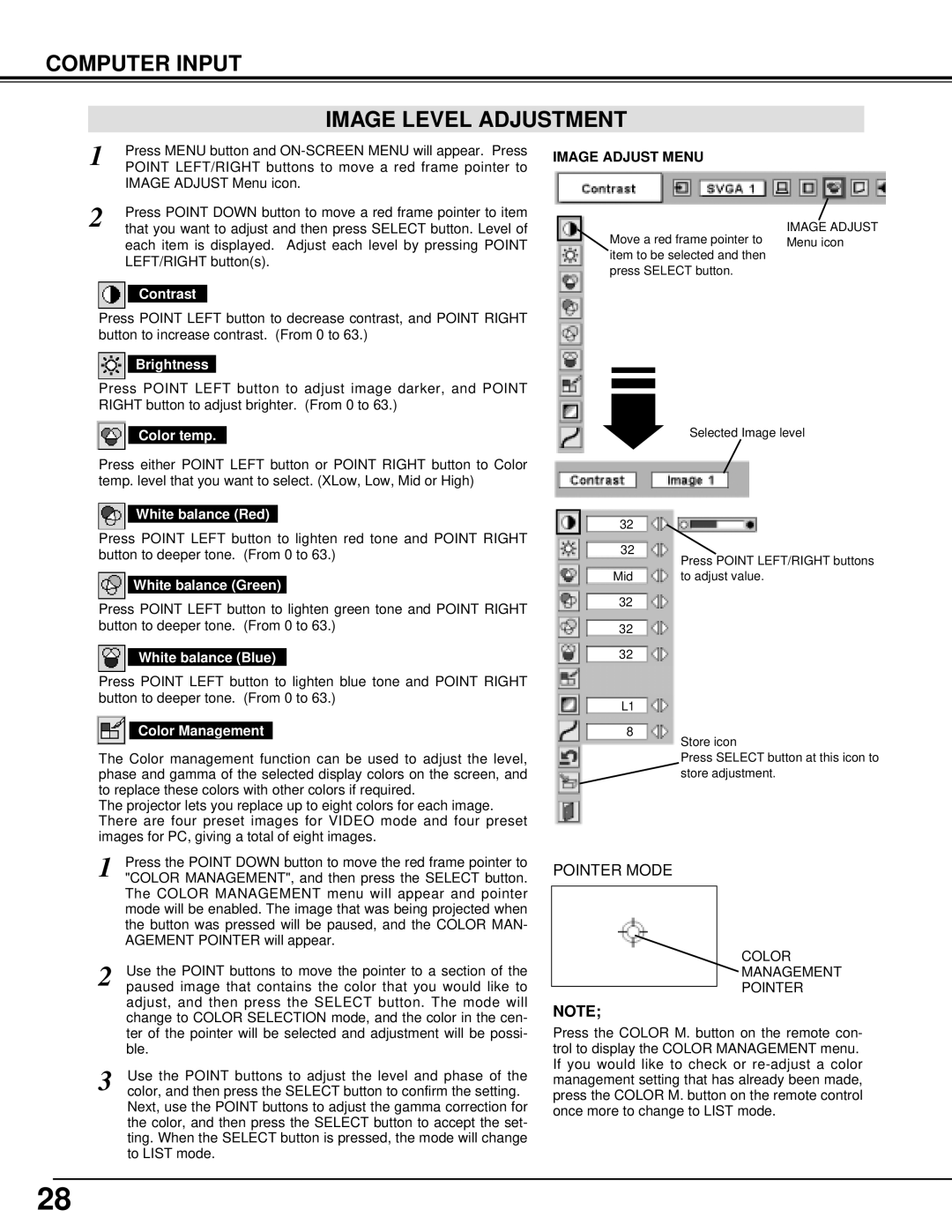 Sanyo PLV-70 owner manual Computer Input Image Level Adjustment, Image Adjust Menu 