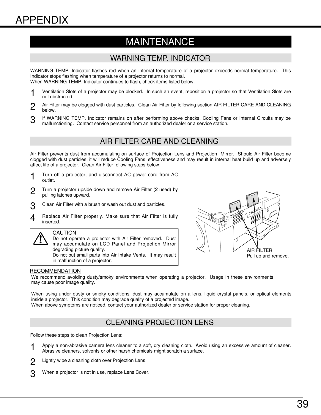 Sanyo PLV-70 owner manual Appendix, Maintenance, AIR Filter Care and Cleaning, Cleaning Projection Lens 