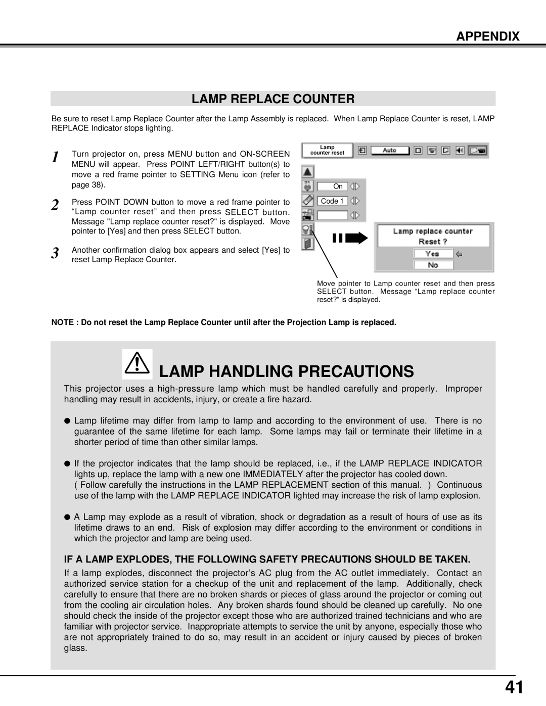 Sanyo PLV-70 owner manual Lamp Handling Precautions, Appendix Lamp Replace Counter 