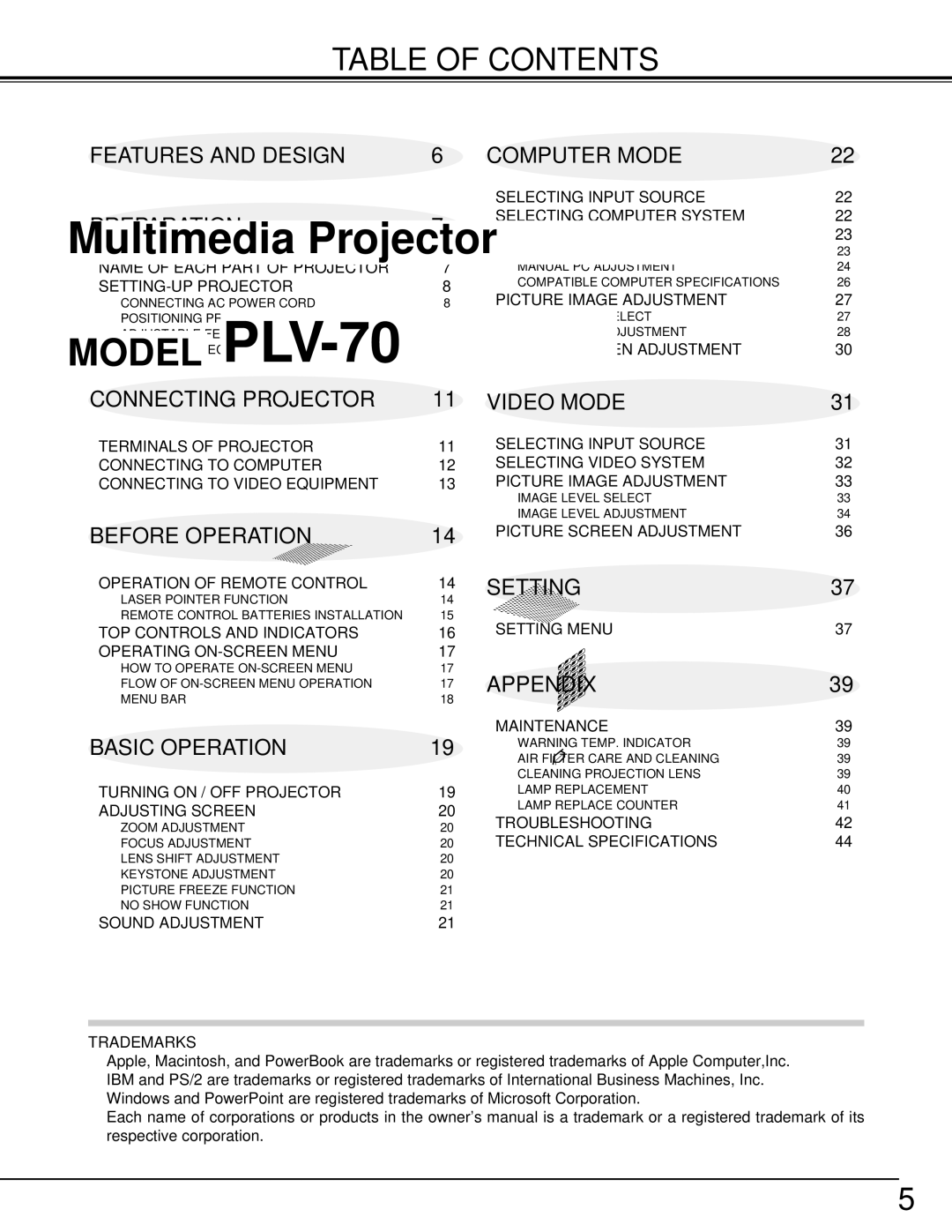 Sanyo PLV-70 owner manual Table of Contents 