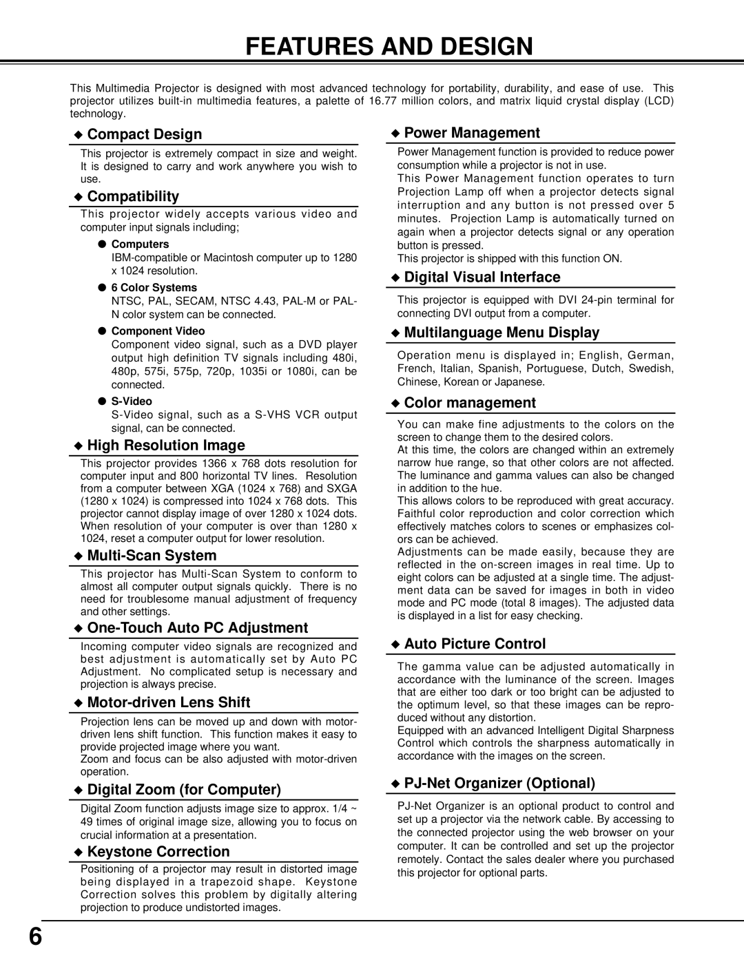 Sanyo PLV-70 owner manual Features and Design, Compact Design 