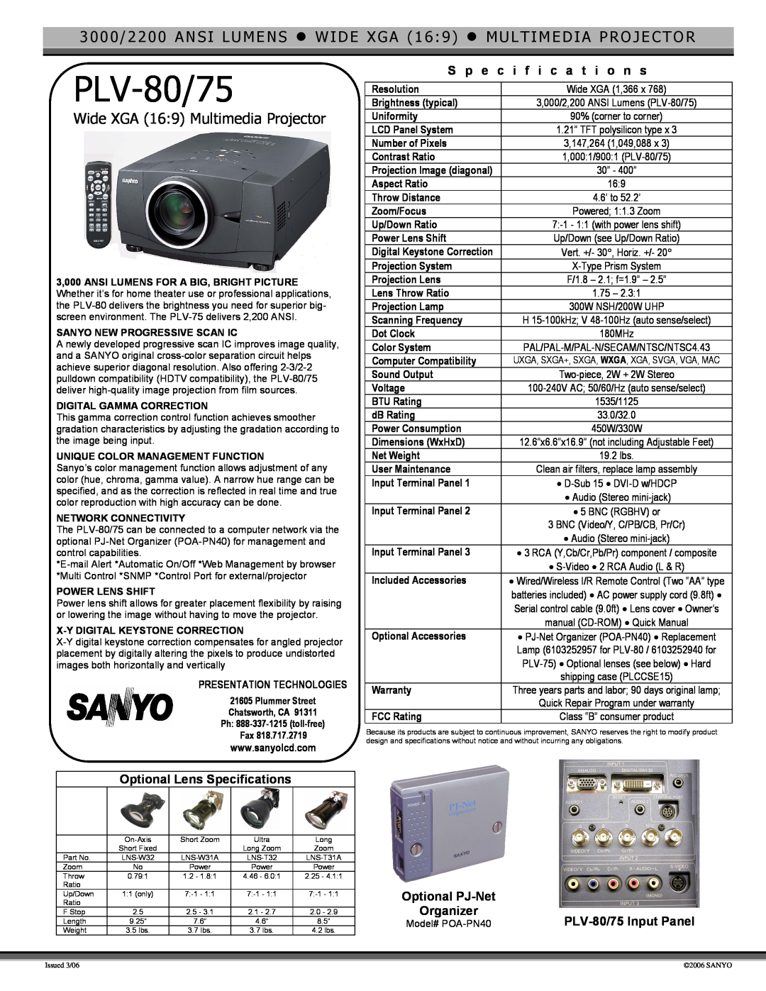 Sanyo PLV-80/75 specifications Wide XGA 16 9 Multimedia Projector, S p e c i f i c a t i o n s, Optional PJ-Net 