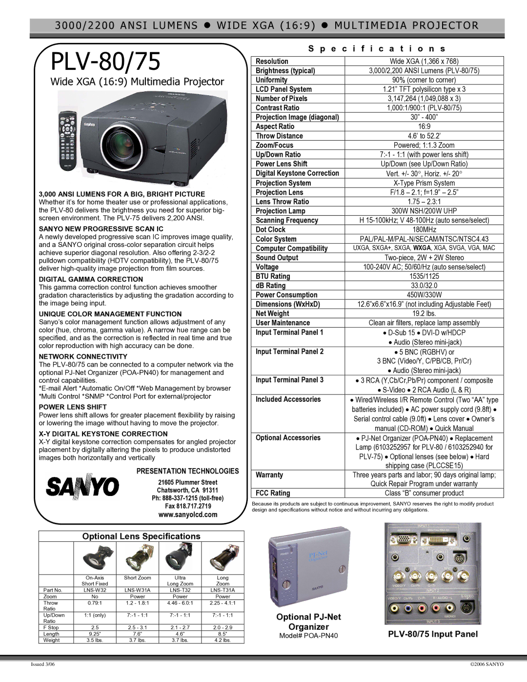 Sanyo PLV-80/75 specifications Ansi Lumens for a BIG, Bright Picture, Sanyo NEW Progressive Scan IC, Network Connectivity 