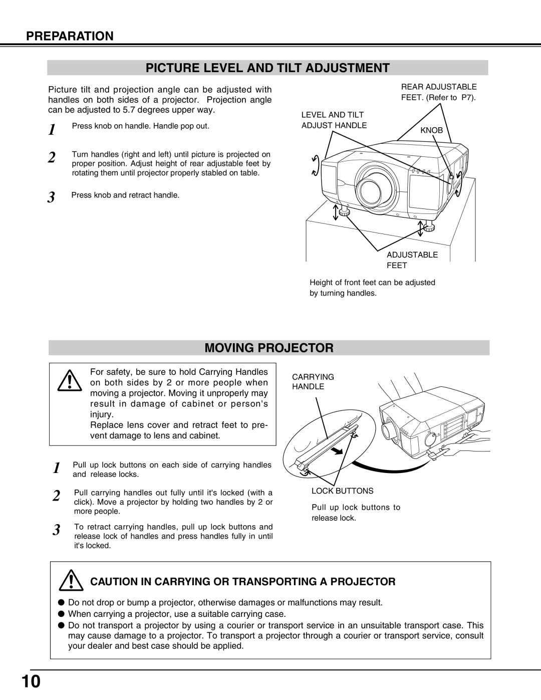 Sanyo PLV-HD150 owner manual Preparation Picture Level And Tilt Adjustment, Moving Projector 