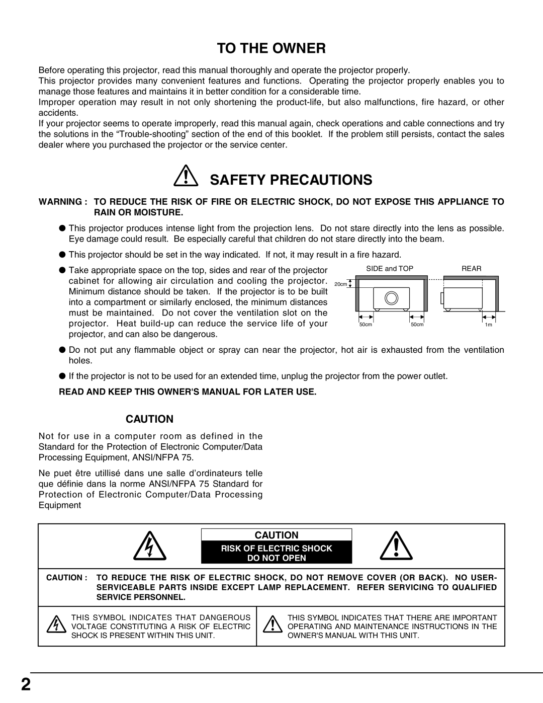 Sanyo PLV-HD150 owner manual To The Owner, Safety Precautions, Read And Keep This Owners Manual For Later Use 