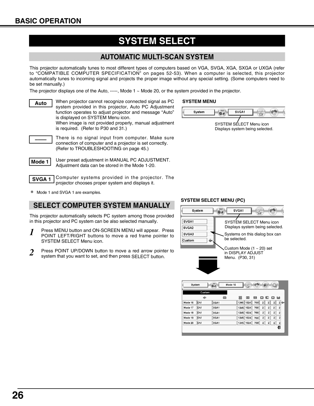 Sanyo PLV-HD150 owner manual System Select, Basic Operation, Automatic Multi-Scansystem, Select Computer System Manually 