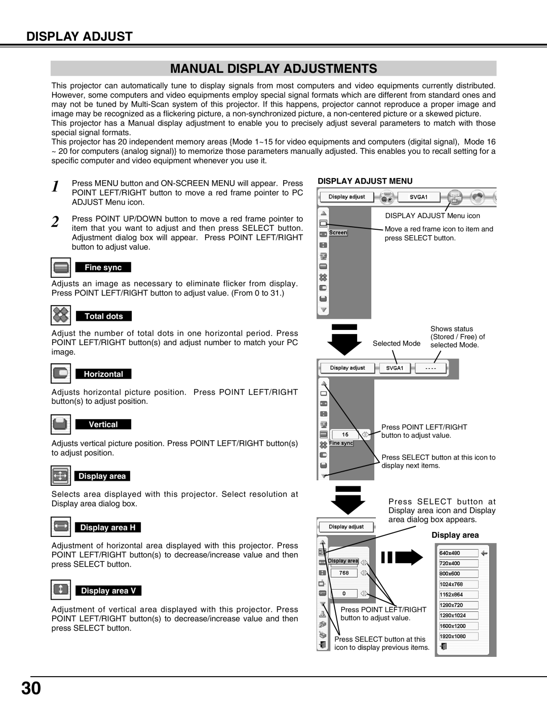 Sanyo PLV-HD150 owner manual Display Adjust Manual Display Adjustments, Display Adjust Menu, Display area 