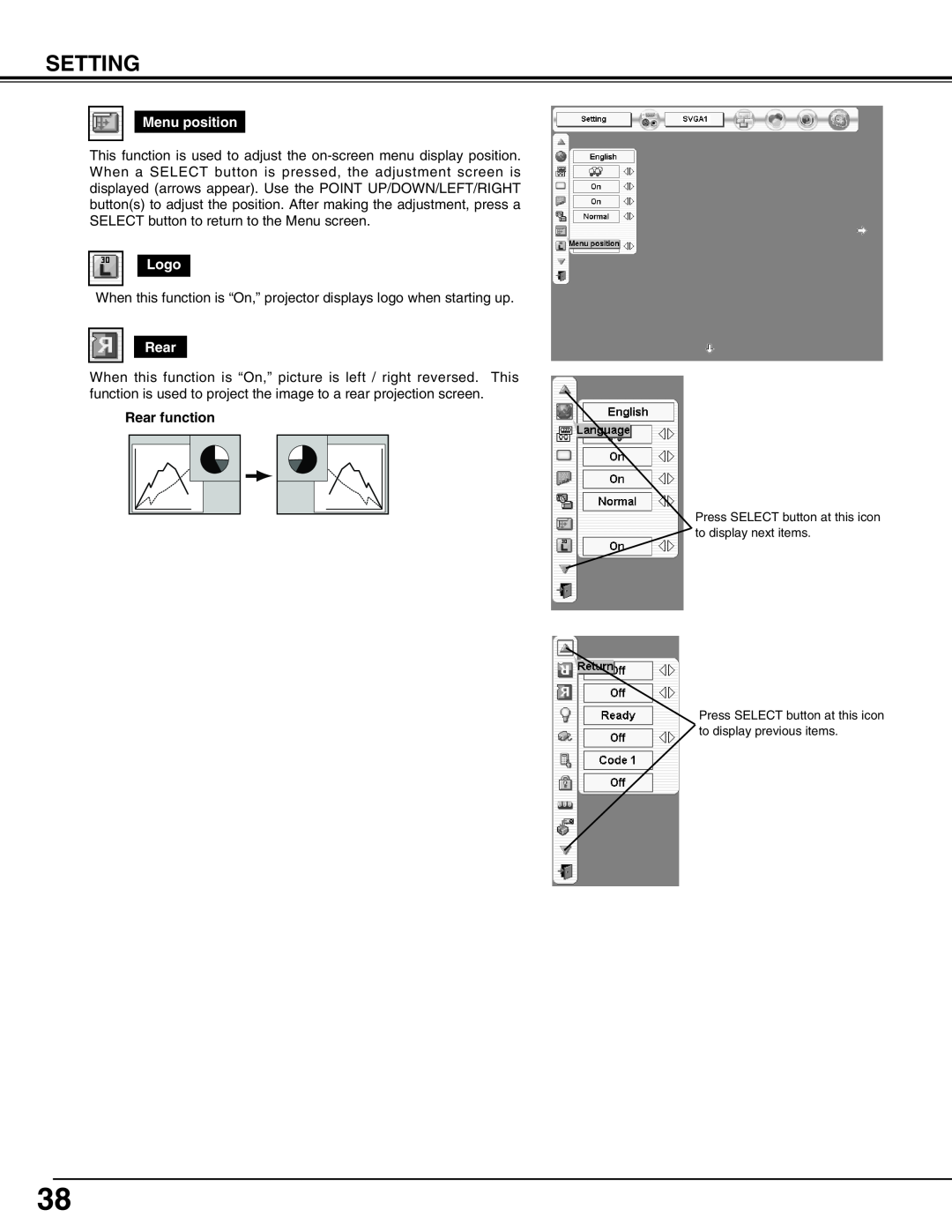 Sanyo PLV-HD150 owner manual Menu position, Logo, Rear function 