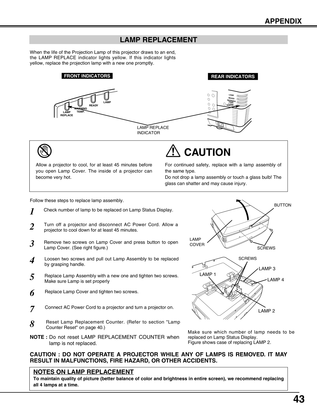 Sanyo PLV-HD150 owner manual Appendix Lamp Replacement, Notes On Lamp Replacement 