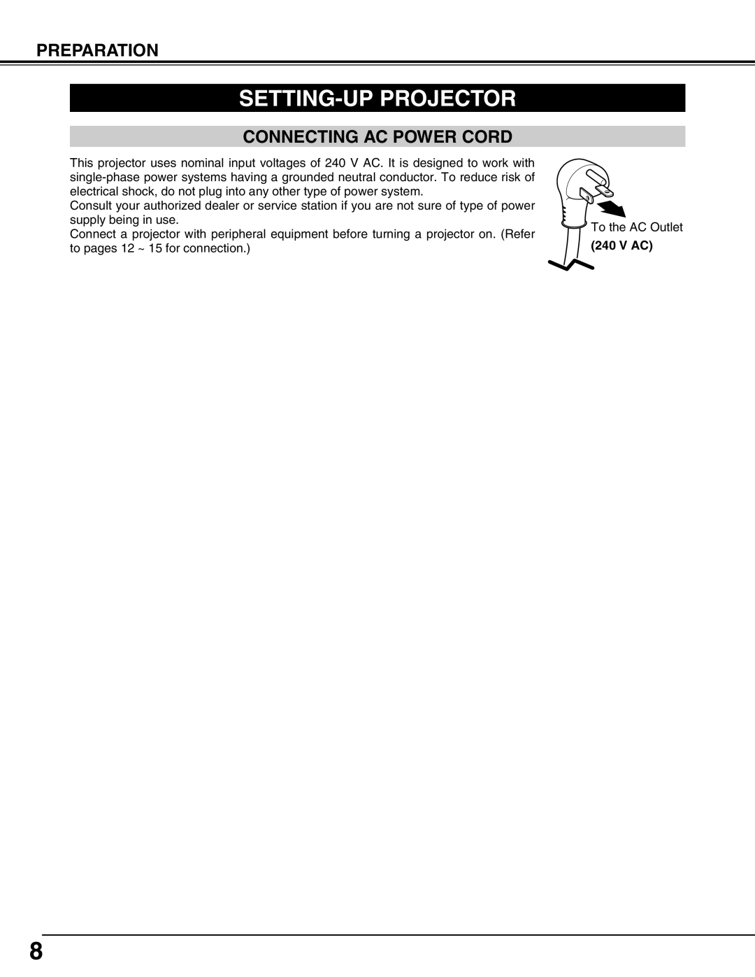 Sanyo PLV-HD150 owner manual Setting-Upprojector, Preparation, Connecting Ac Power Cord 