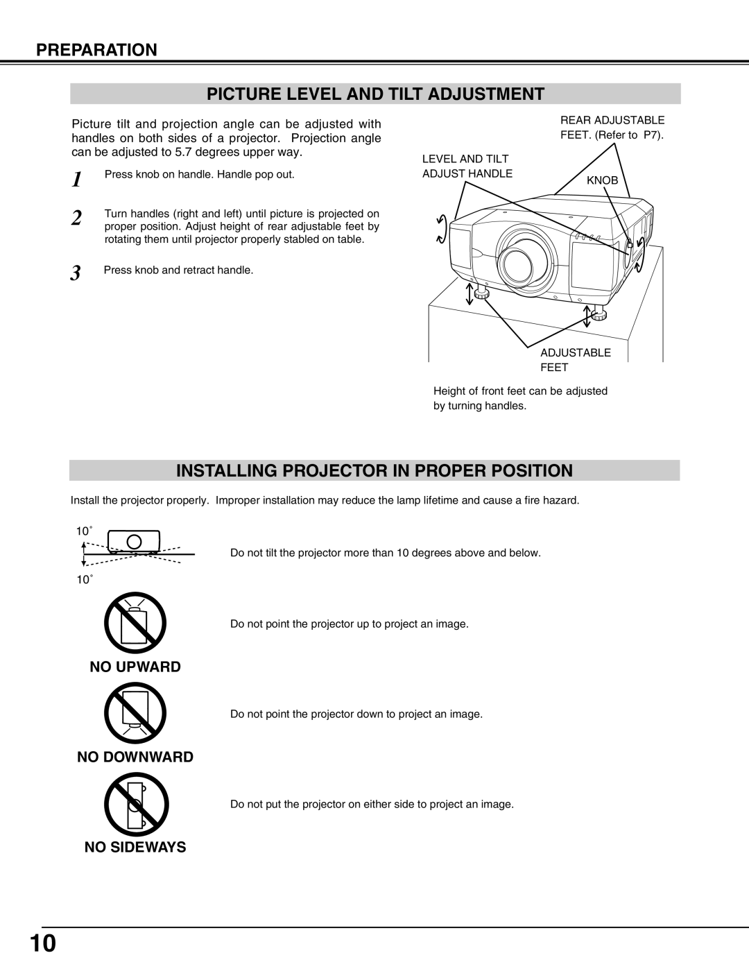 Sanyo PLV-HD2000N, PLV-HD2000E Preparation Picture Level and Tilt Adjustment, Installing Projector in Proper Position 