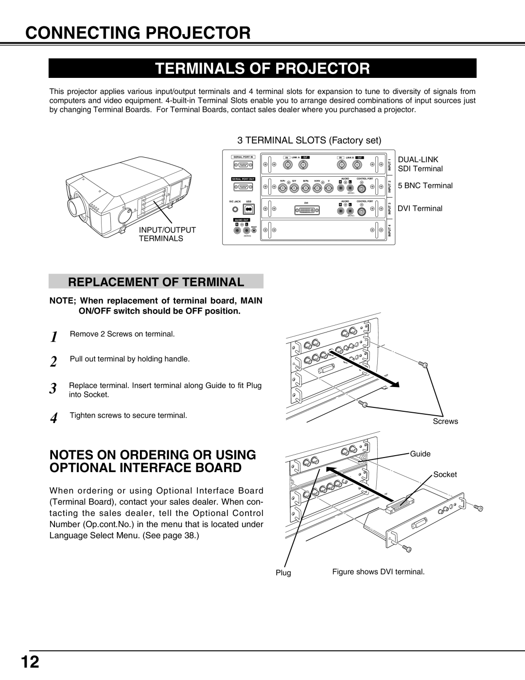 Sanyo PLV-HD2000N, PLV-HD2000E owner manual Connecting Projector, Terminals of Projector, Replacement of Terminal 