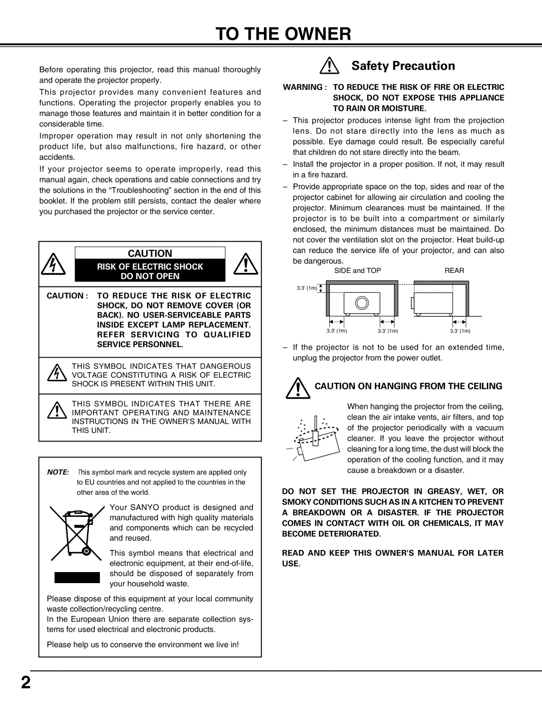 Sanyo PLV-HD2000N, PLV-HD2000E owner manual To the Owner, Risk of Electric Shock Do not Open 