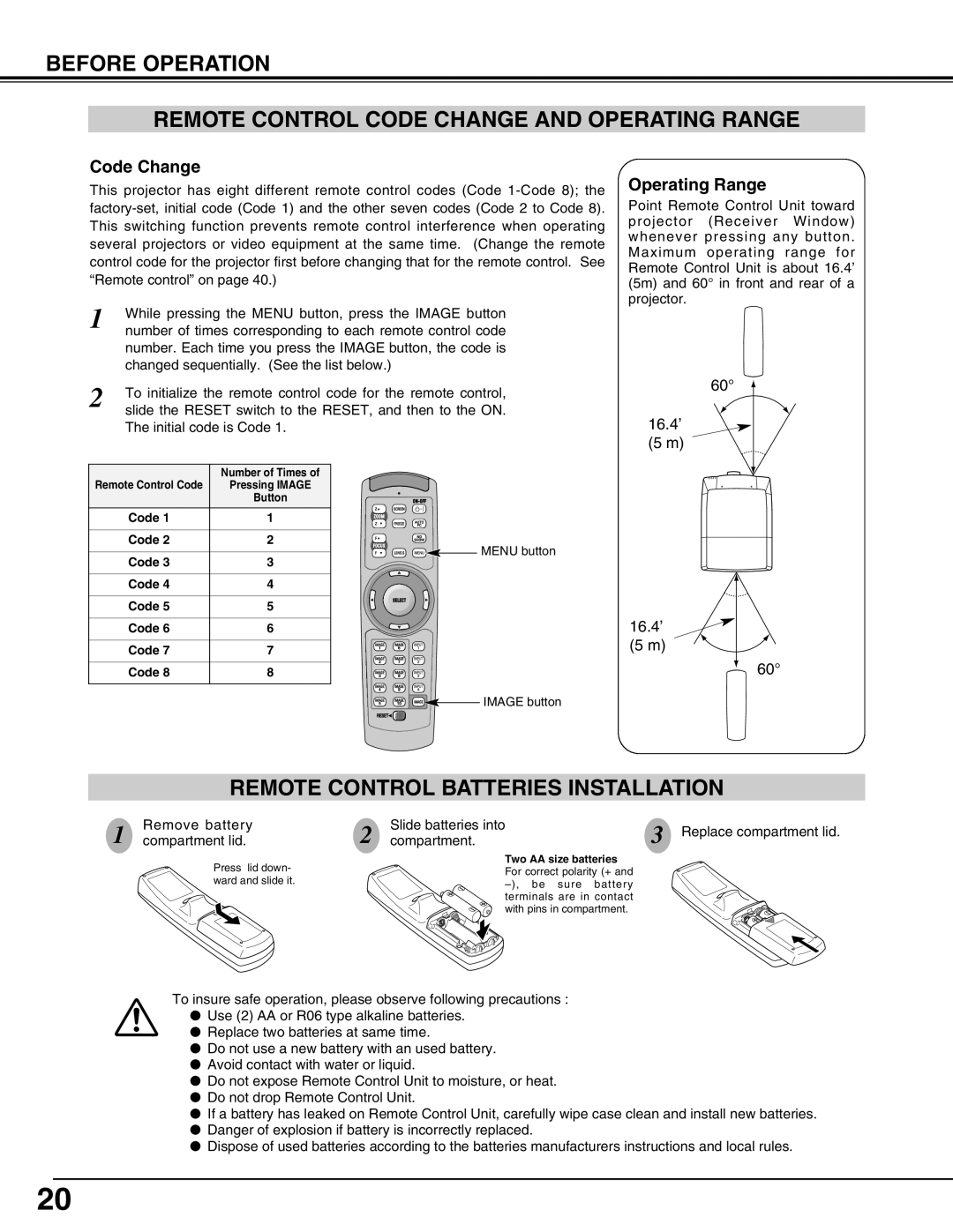 Sanyo PLV-HD2000N, PLV-HD2000E owner manual Remote Control Batteries Installation, Code Change 