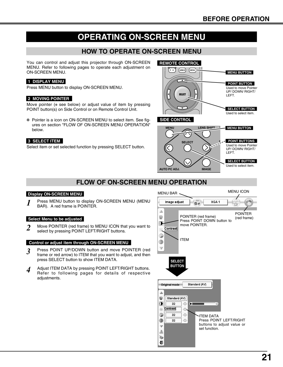 Sanyo PLV-HD2000E, PLV-HD2000N Operating ON-SCREEN Menu, HOW to Operate ON-SCREEN Menu, Flow of ON-SCREEN Menu Operation 