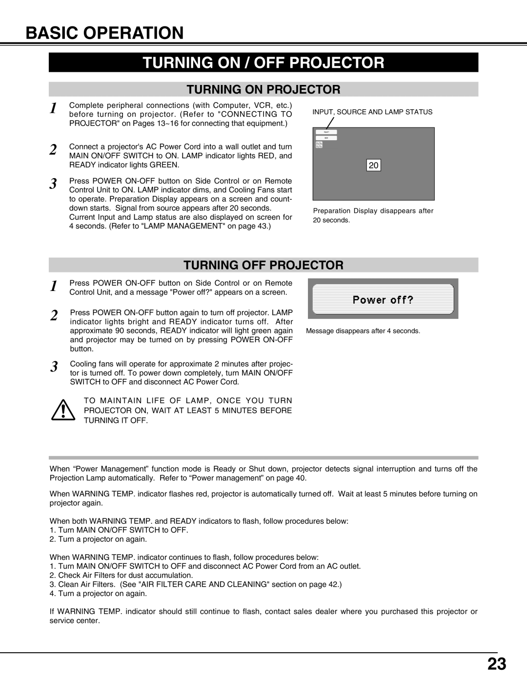 Sanyo PLV-HD2000E, PLV-HD2000N Basic Operation, Turning on / OFF Projector, Turning on Projector, Turning OFF Projector 