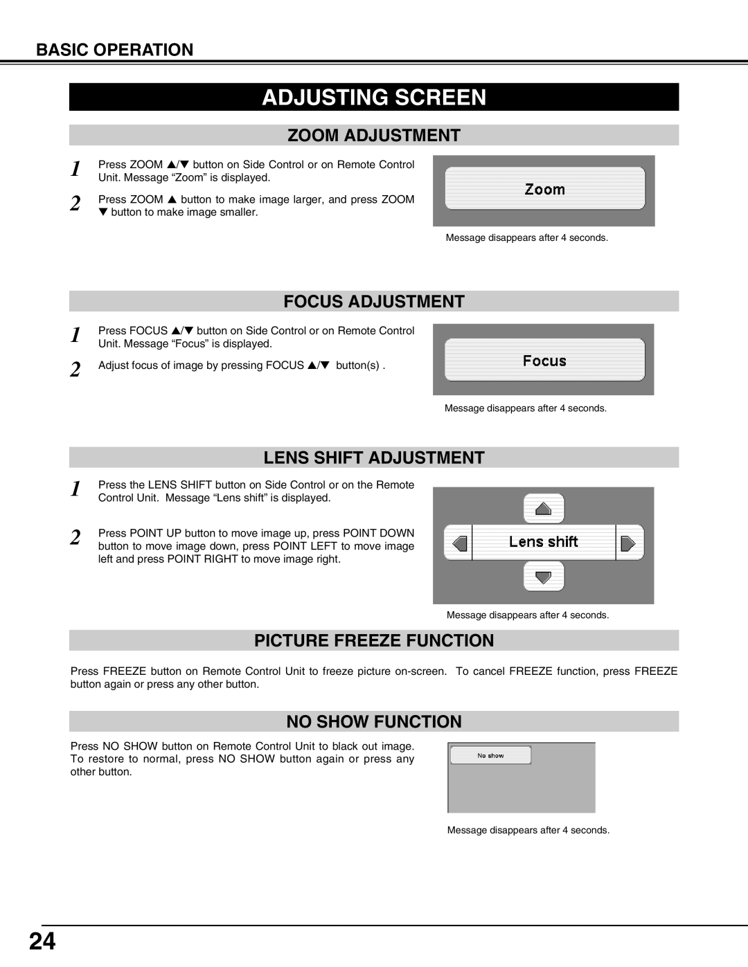 Sanyo PLV-HD2000N, PLV-HD2000E owner manual Adjusting Screen, Picture Freeze Function, No Show Function 